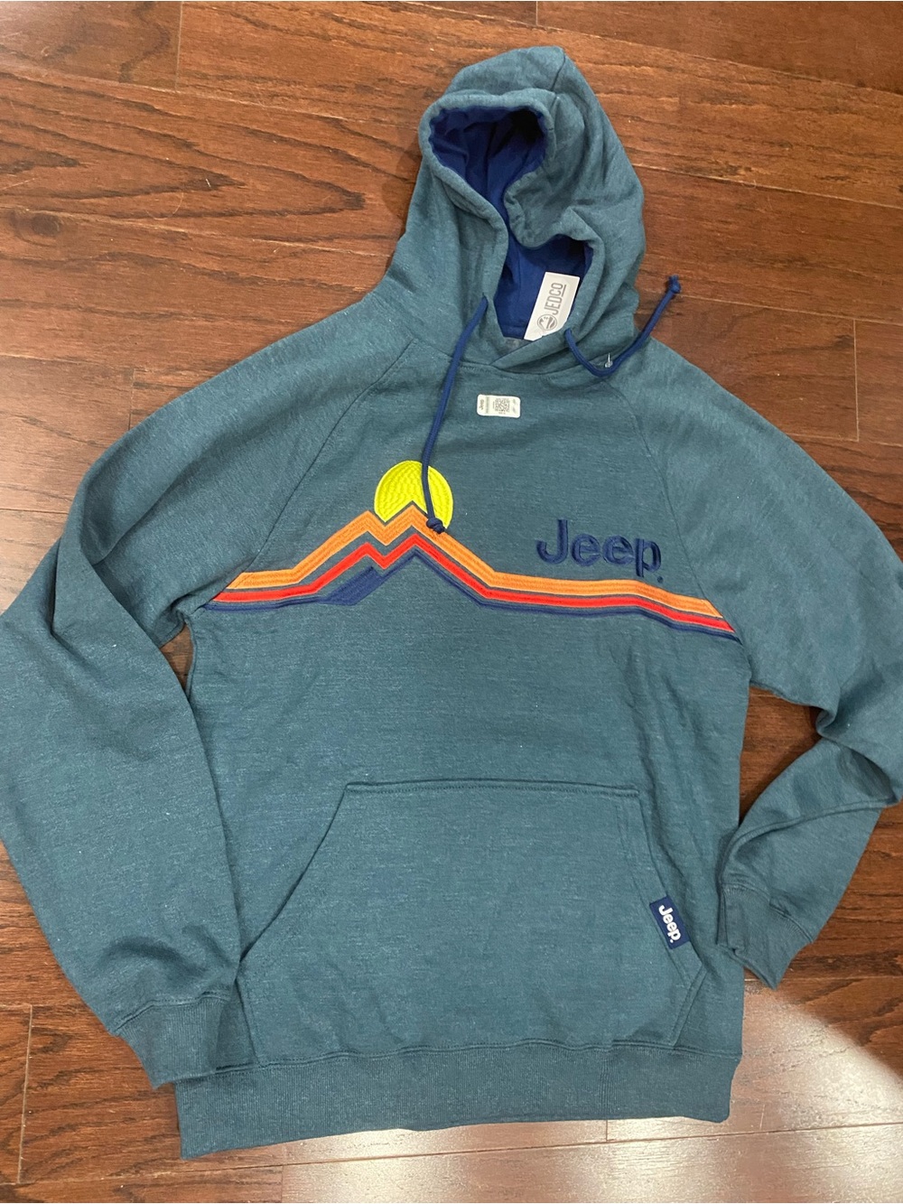 Jeep Jedco Mountain Stripe Raglan Hoodie Sweatshirt Blue Womens Medium - Picture 2 of 5